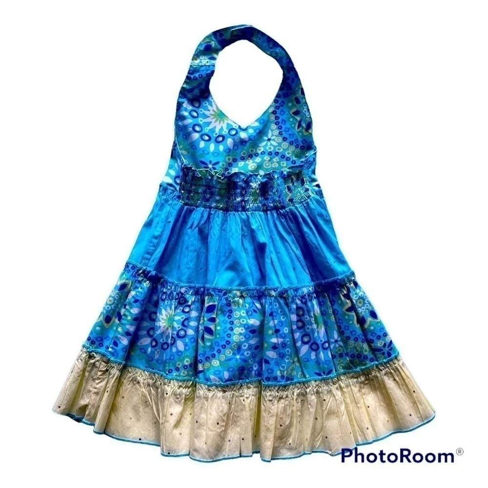 BLUE BERI BLVD-BLUE AND YELLOW BOHO STYLE HALTER DRESS-SZ 24 MONTHS